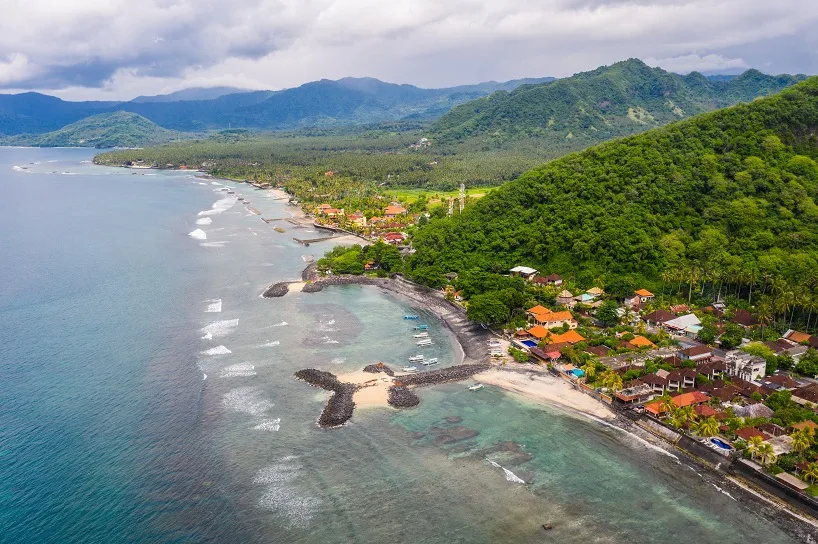 Candidasa, Bali: Aerial drone view of the Candidasa beach and coastline in eastern Bali in Indonesia